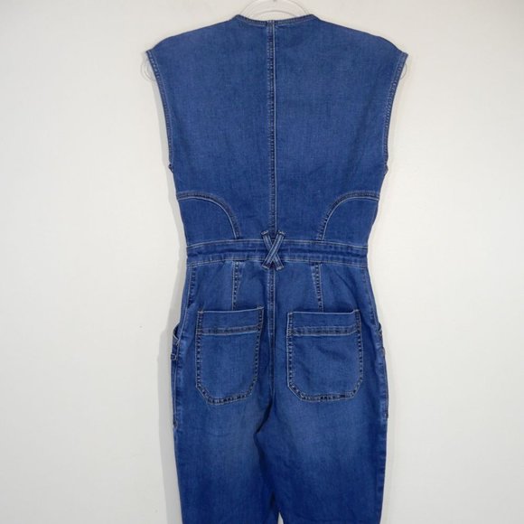 FREE PEOPLE Crvy Hyde Park Flare Leg JUMPSUIT Size 6 S Blue Stretch Denim NEW - Picture 7 of 9